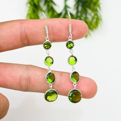 Green Peridot Gemstone 925 Sterling Silver Handmade Jewelry Earring Gift For Her - Image 1 of 4
