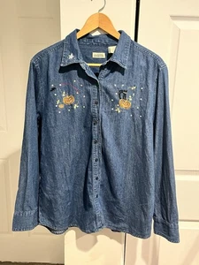 VTG. Classic Elements Blue Denim Halloween Cat Pumpkins Long Sleeve Button Down - Picture 1 of 9