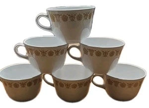 6 tazzine da caffè vintage Pyrex Corning Ware Corelle farfalla oro servizio soggiorno - Foto 1 di 4