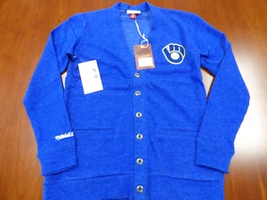 NWT MITCHELL & NESS MLB MILWAUKEE BREWERS BLUE CARDIGAN SWEATER SIZE XS - Picture 1 of 4