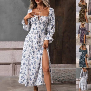 Flowers Printing Long Sleeve Dress Fashion Square-neck Bottom Slit Dresses Women - Picture 1 of 24
