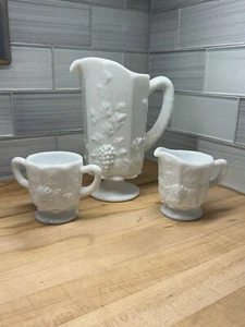 3 Vintage Westmoreland Milk Glass Pitcher Sugar & Creamer Set Paneled Grapes - Picture 1 of 10