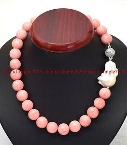 Natural 14mm Pink Rhodochrosit Round Gems White Baroque Keshi Pearl Necklace 