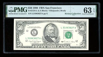 DBR 1990 $50 FRN San Francisco Fr. 2124-L PMG 63 EPQ Serial L31063627A - Image 1 of 2