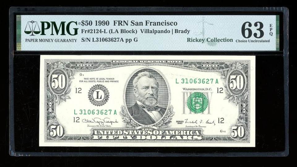 DBR 1990 $50 FRN San Francisco Fr. 2124-L PMG 63 EPQ Serial L31063627A - Image 1 of 2