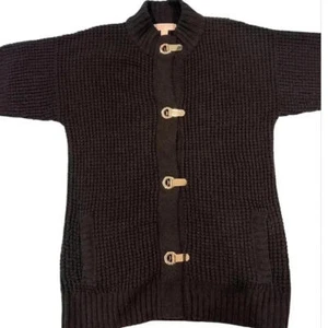 Michael Kors Gold Buckle Snap Long Short Sleeve Cable Knit Black Cardigan Sz L - Picture 1 of 6