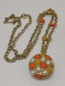 Colgante de cuentas de cabujón amarillo naranja vintage Lea Sophia cadena larga ambos lados - Imagen 1 de 13