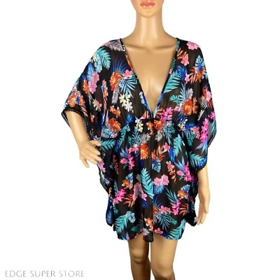 Miken Swim Tropical Floral Print Short Sleeve Pancho Swim Cover Up Size Medium - Image 1 of 4