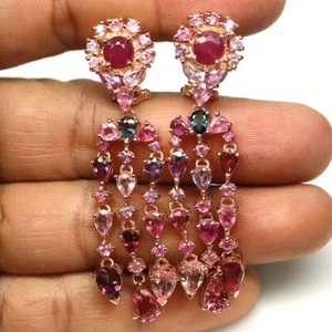 925 Sterling Silver Fany Color Tourmaline & Ruby Earrings Rose Gold Coated - Picture 1 of 4
