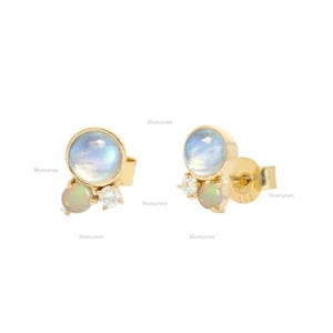 14k Yellow Solid Gold Rainbow Moonstone, Ethiopian Opal & Natural Diamond Studs - Picture 1 of 4