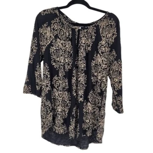 Lucky brand womens 1X black tan floral boho key hole front 3 qtr sleeve blouse - Picture 1 of 9