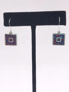 Earrings Dangle Hook Back Square Red And Blue Chipped Enamel 1”x 1/2” - Picture 1 of 9