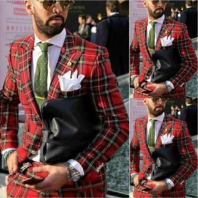 Scotland Men's Suits 2 Pieces Red Check Slim Fit Plaid Blazer Vintage Tuxedos - Image 1 of 4