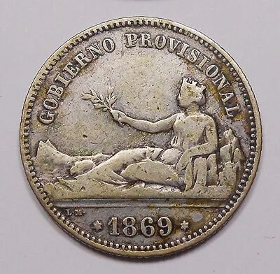 Spain 1869 SN-M SILVER Peseta F-VF NICE Original KEY Provisional Government Coin - Image 1 of 2