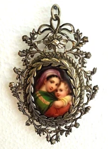 Antique Hand Wrought Handmade Silver & Hand Painted Porcelain Bishops Panagia - Picture 1 of 9