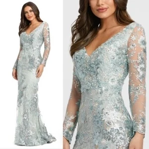 Mac Duggal 67539 V Neck Illusion Long Sleeve Embellished Evening Gown Sz. 14 NWT - Picture 1 of 8