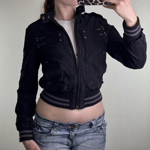 Y2K giacca bomber vintage cropped denim righe zip utility borchiato occhiello - Foto 1 di 9