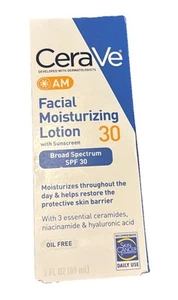 Cerave Moisturizing Facial Lotion w/ Sunscreen AM Broad Spectrum SPF 30 , 3 Oz - Picture 1 of 5