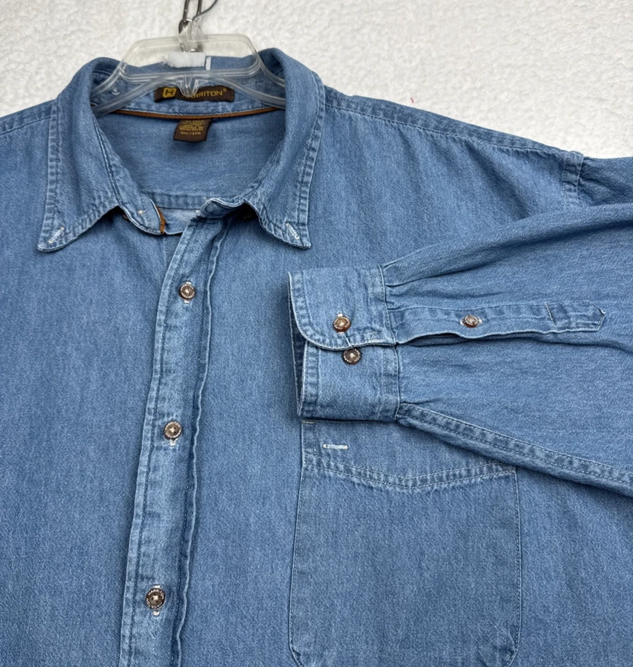 Harriton Chambray рубашка мужская 3XL /TG синий джинсовой ткани на пуговицах длинным рукавом карманы - Изображение 1 из 4