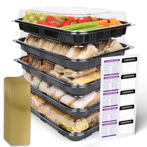 Pack of 5 Sandwich Platter Trays with Lids - Reusable Plastic Buffet Serving - Picture 1 of 5