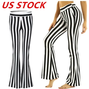 Women's High Waist Vertical Striped Bell Trousers Stretchy Flare Long Pants - Picture 1 of 17