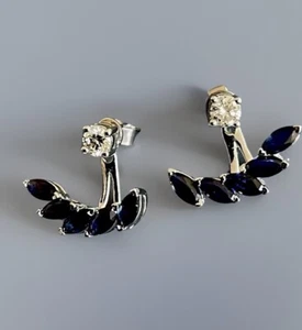Pendientes solitario de oro blanco de 18 quilates con diamantes y zafiro azul chaqueta tachuelas marquesa - Imagen 1 de 19
