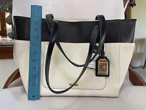 NWT LAUREN RALPH LAUREN Black Ivory Vanilla Fulton Leather Shopper Tote Handbag - Picture 1 of 14