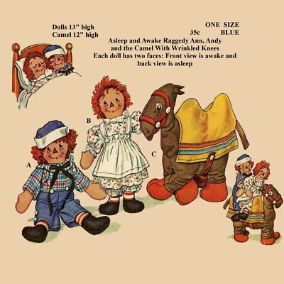 13" Raggedy Ann & Andy, Camel With Wrinkled Knees Vintage Sewing Pattern - Image 1 of 4