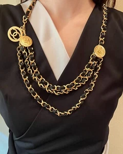 CHANEL CC Logo Chain Belt Gold Tone Leather Vintage GP Auth 1984 Necklace F/S - Picture 1 of 20