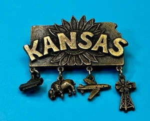 Kansas The Sunflower State Brooch Pin Dangling Charms Airplane Animals Windmill - Picture 1 of 14