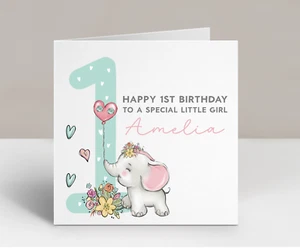 Personalised Girls 1st Birthday Card Special Little Girl Pink Elephant 1 today - Picture 1 of 2
