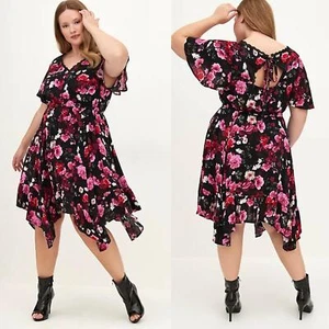 New Torrid 3 (3X 22/24) Black/Pink Floral Gauze Flutter Sleeve V Neck Midi Dress - Picture 1 of 2
