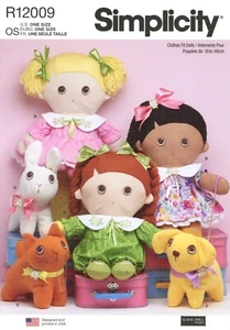 Simplicity R12009 PLUSH 18" Dolls w Clothes & Pet Puppy, Kitten Toy UNCUT S9910 - Imagen 1 de 3
