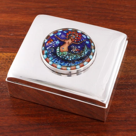 POOLE MID-CENTURY MODERN STERLING SILVER,COLORFUL ENAMEL CIGARETTE BOX MERMAID Cover