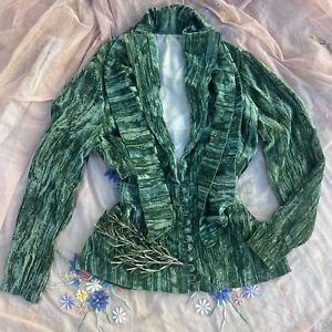 Vintage 1930s Green Silk Velvet Blouse Art Deco Shawl Collar Dress Top Button Up