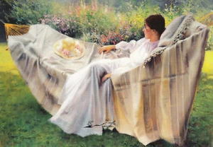 Kunst- Doppelkarte : Tony Sheath - Sommer / Frau in Hängematte - Picture 1 of 1