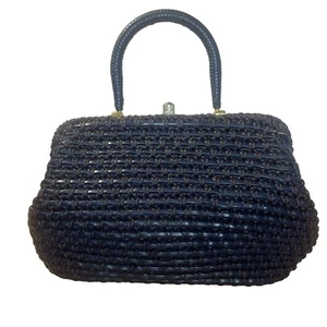 Vintage Retro Woven Raffia Crochet Satchel Grandma Handbag Purse Clasp CloseBlue - Picture 1 of 12