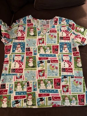 EUC Winter Holiday Christmas Snowman Scrub Top Size XL - Image 1 of 4