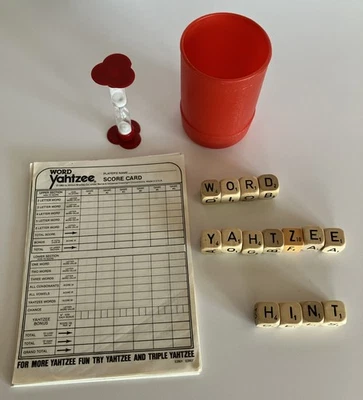 Vintage 1982 Word Yahtzee Dice Game Score Card, Extra Dice, Timer & Cup - Image 1 of 4