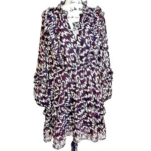 Scoop Sheer Tiered Ruffle Bishop Sleeve Mini Dress XL Brown White Western Boho - Picture 1 of 17