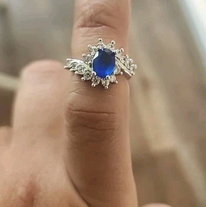 Blue Simulating Sapphire &White Zircon Ring Size 7 Platinum Over Sterling Silver - Picture 1 of 11