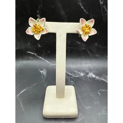 Vintage Ceramic German Enamel Flower Clip-On Earrings Yellow Center 1 in - Image 1 of 4