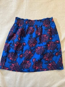 J Crew Blue Lined Elastic Waist Skirt Sz 4 Lined Linen Blend Pockets Floral Pink - Picture 1 of 6
