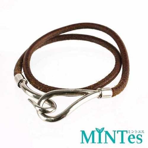 HERMÈS Hermes Jumbo Cher Marrone Argento Accessori Pelle Collana Un Bracciale U