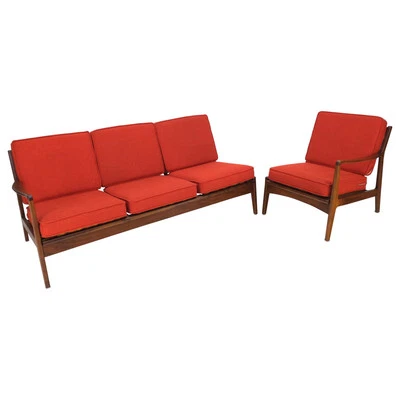 Danish Mid-Century Modern Walnut Lounge Chair Settee Loveseat Couch Sofa Set - Image 1 of 4