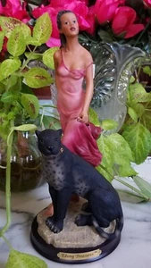 Ebony Treasures Beautiful African American Woman w/ Black Leopard Statue - Picture 1 of 13