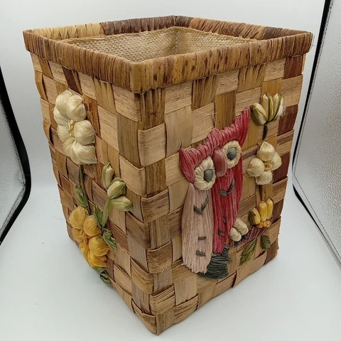 Vintage Woven Palm Basket-Owl-Handmade Philippines-Waste Garbage Square Planter Cover