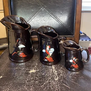 3 ROOSTER CHICKEN Kitchen Pitcher Set Brown Glaze 1950's - Picture 1 of 8