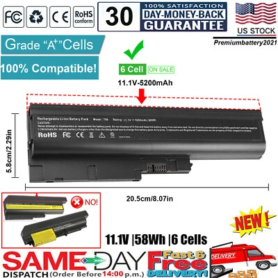 6 Cell 5200mAH Battery for IBM Lenovo Thinkpad T60p T61p R60e Z60m Z61 Z61e Z61M - Image 1 of 4