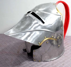 Medieval Knight Helmet with Red Plume Open Face Knight Collectible Armor Helmet - Picture 1 of 11